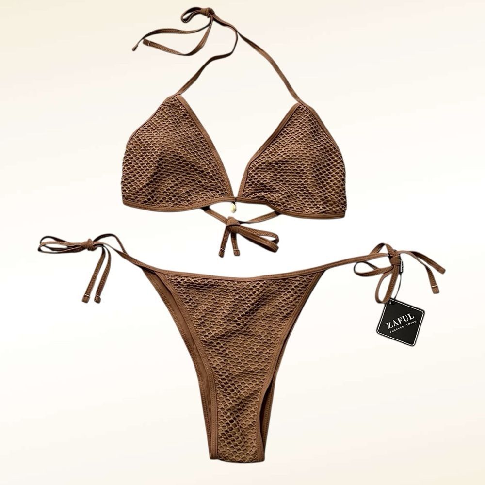 Zaful Brown Fishnet String Bikini NWT Size Large Shell Detail Beach